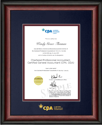 Satin mahogany wood frame for the for the new vertical 11x14 CPA certificates, with double mat board & gold CPA logo in a 14x18 frame. (120910-14x18V-NPB/MAR.GFS)